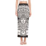 Blue And White Mayan Statue Print Side Slit Maxi Skirt