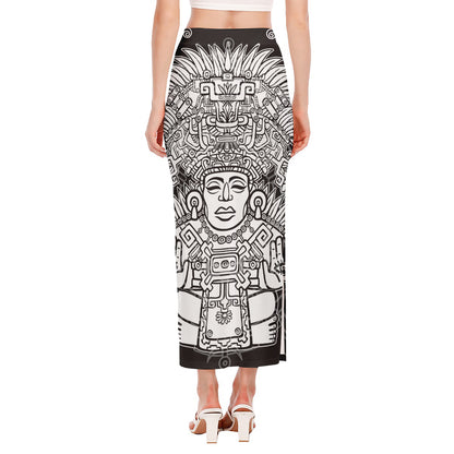 Blue And White Mayan Statue Print Side Slit Maxi Skirt