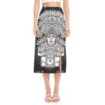 Blue And White Mayan Statue Print Side Slit Midi Skirt