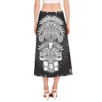 Blue And White Mayan Statue Print Side Slit Midi Skirt