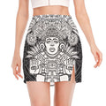 Blue And White Mayan Statue Print Side Slit Mini Skirt