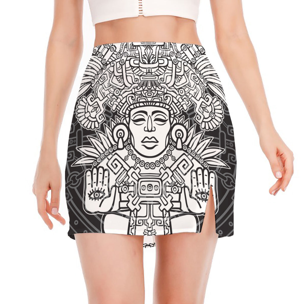 Blue And White Mayan Statue Print Side Slit Mini Skirt