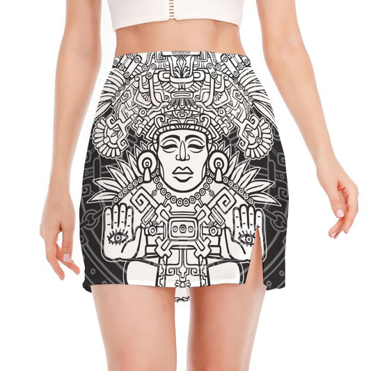 Blue And White Mayan Statue Print Side Slit Mini Skirt