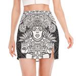 Blue And White Mayan Statue Print Side Slit Mini Skirt