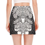 Blue And White Mayan Statue Print Side Slit Mini Skirt