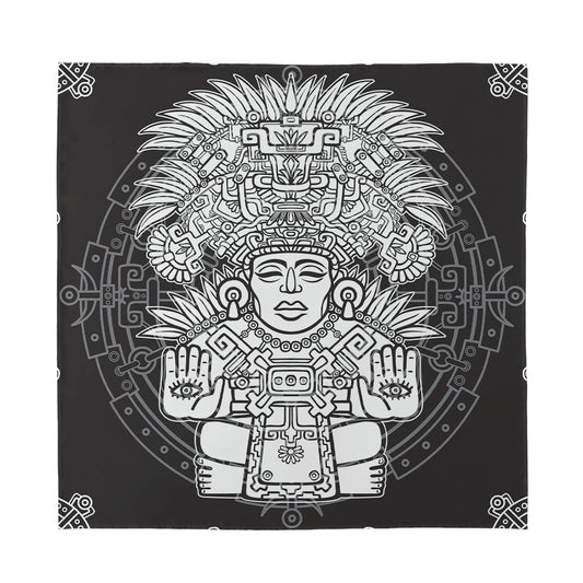 Blue And White Mayan Statue Print Silk Bandana