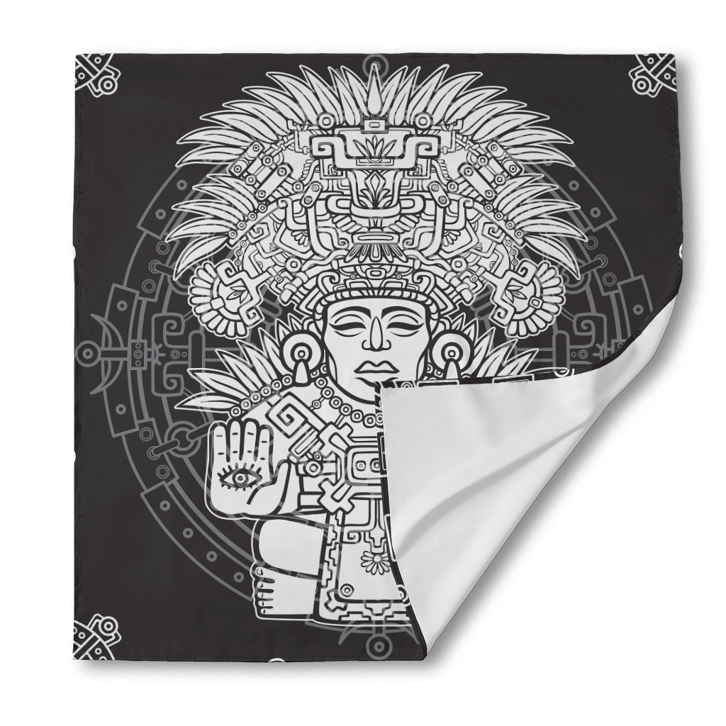 Blue And White Mayan Statue Print Silk Bandana