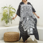 Blue And White Mayan Statue Print Silk V-Neck Kaftan Dress