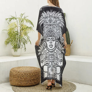 Blue And White Mayan Statue Print Silk V-Neck Kaftan Dress