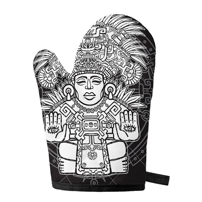 Blue And White Mayan Statue Print Single Oven Mitt
