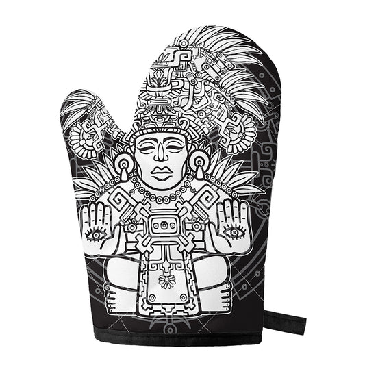 Blue And White Mayan Statue Print Single Oven Mitt