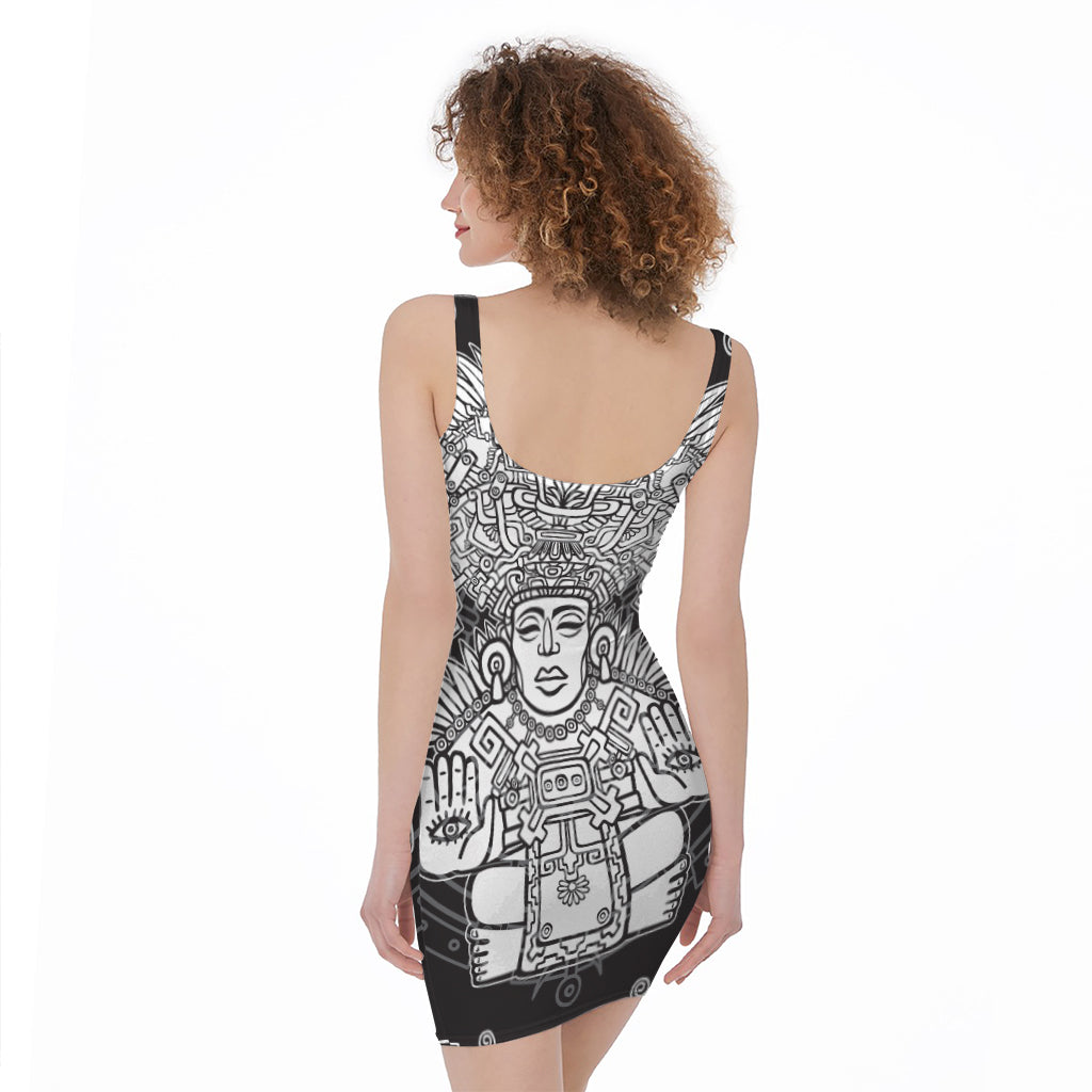 Blue And White Mayan Statue Print Sleeveless Bodycon Dress