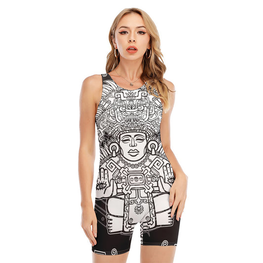 Blue And White Mayan Statue Print Sleeveless One Piece Swimsuit