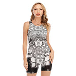 Blue And White Mayan Statue Print Sleeveless One Piece Swimsuit