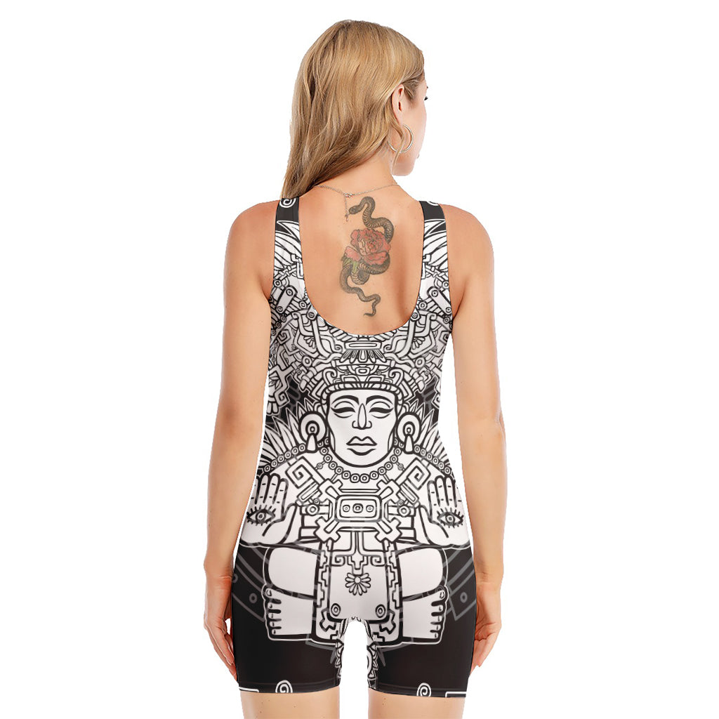 Blue And White Mayan Statue Print Sleeveless One Piece Swimsuit