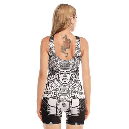Blue And White Mayan Statue Print Sleeveless One Piece Swimsuit