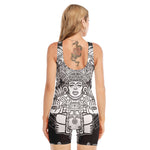Blue And White Mayan Statue Print Sleeveless One Piece Swimsuit