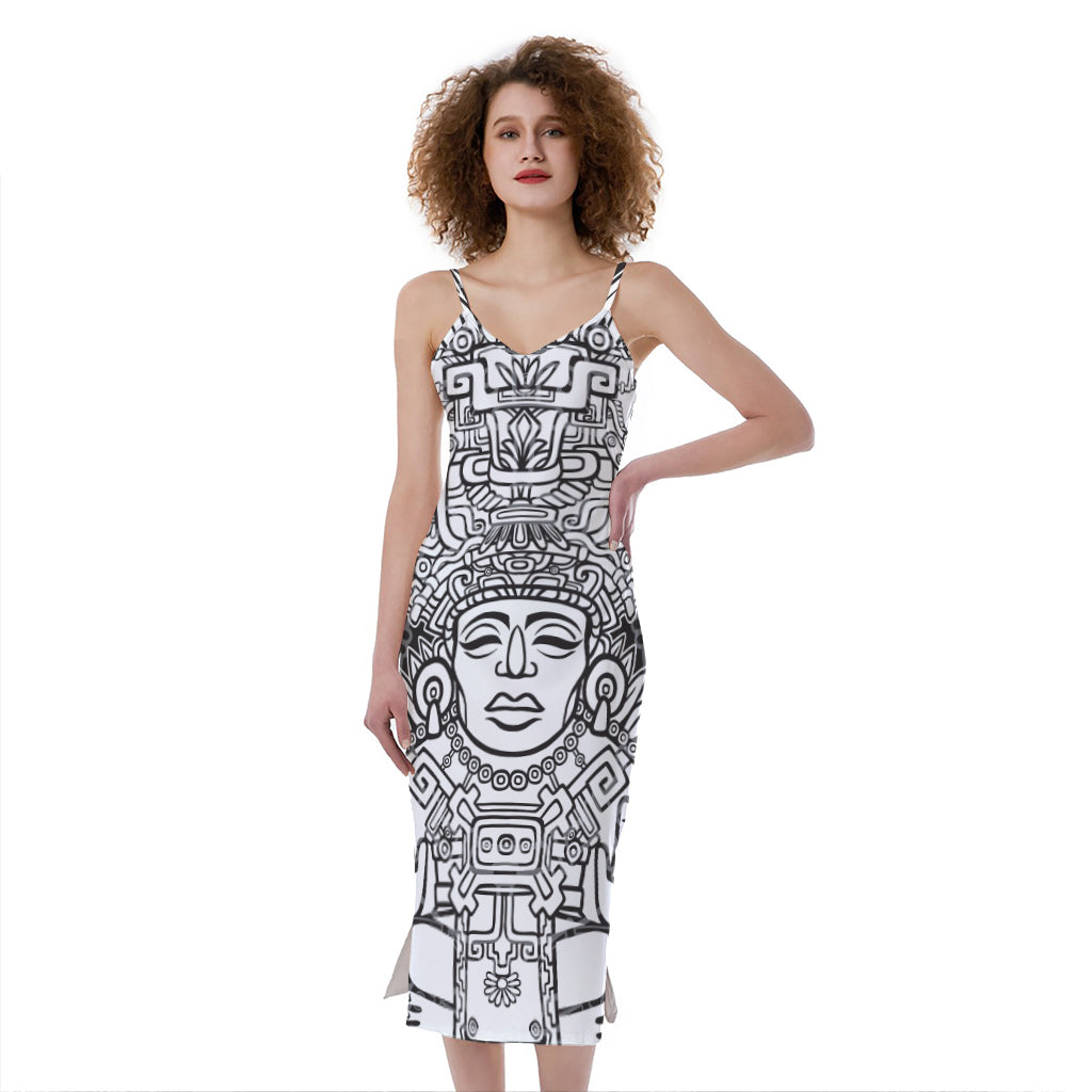 Blue And White Mayan Statue Print Slim Fit Midi Cami Dress