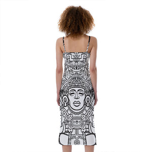 Blue And White Mayan Statue Print Slim Fit Midi Cami Dress