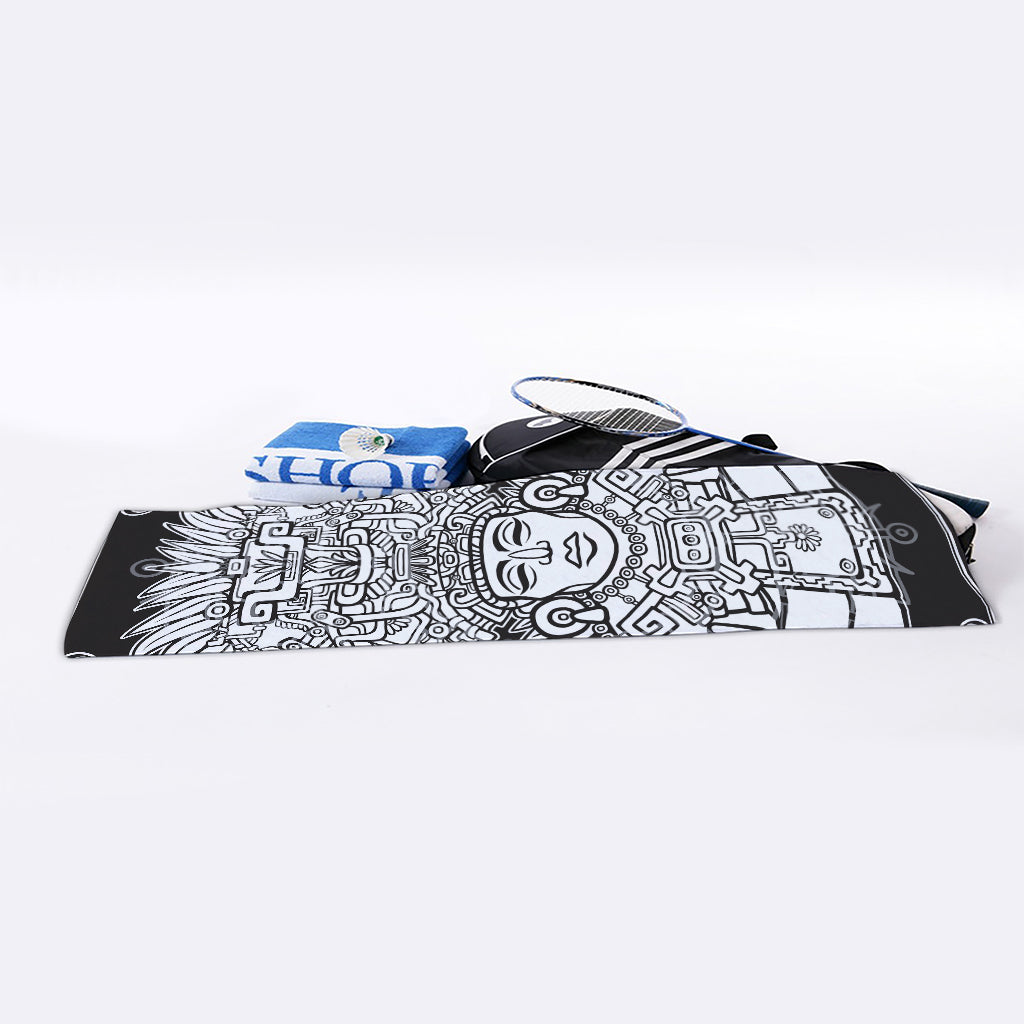 Blue And White Mayan Statue Print Sports Towel
