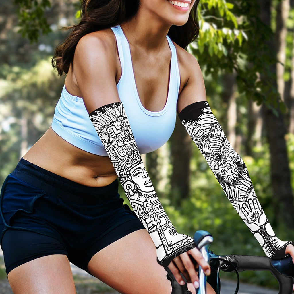 Blue And White Mayan Statue Print Sun Protection Arm Sleeves