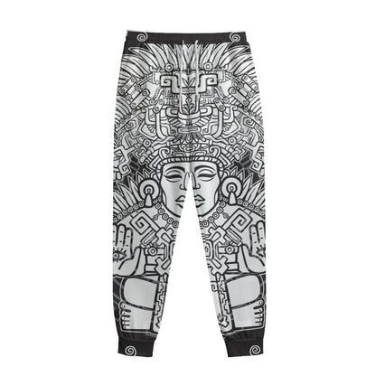 Blue And White Mayan Statue Print Sweatpants
