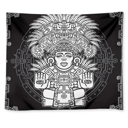 Blue And White Mayan Statue Print Tapestry