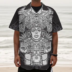 Blue And White Mayan Statue Print Textured Short Sleeve Shirt