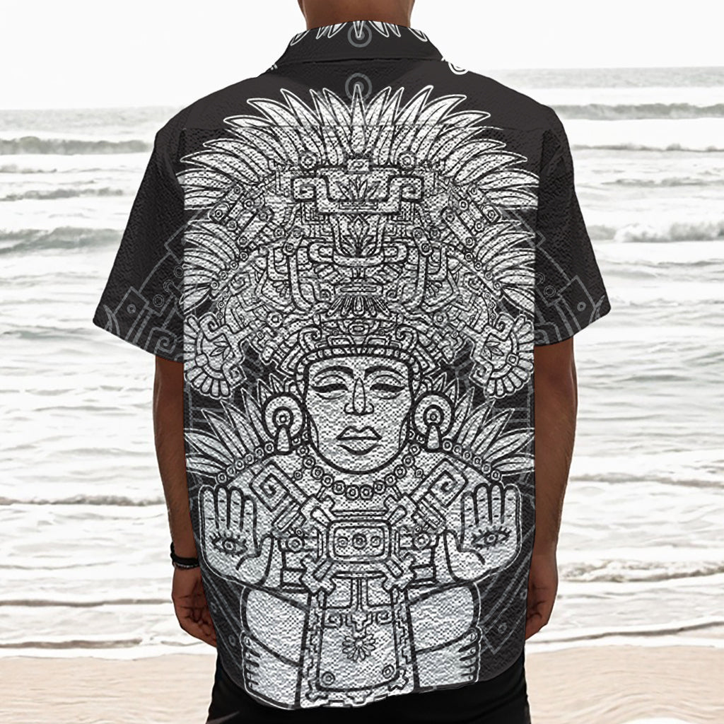 Blue And White Mayan Statue Print Textured Short Sleeve Shirt