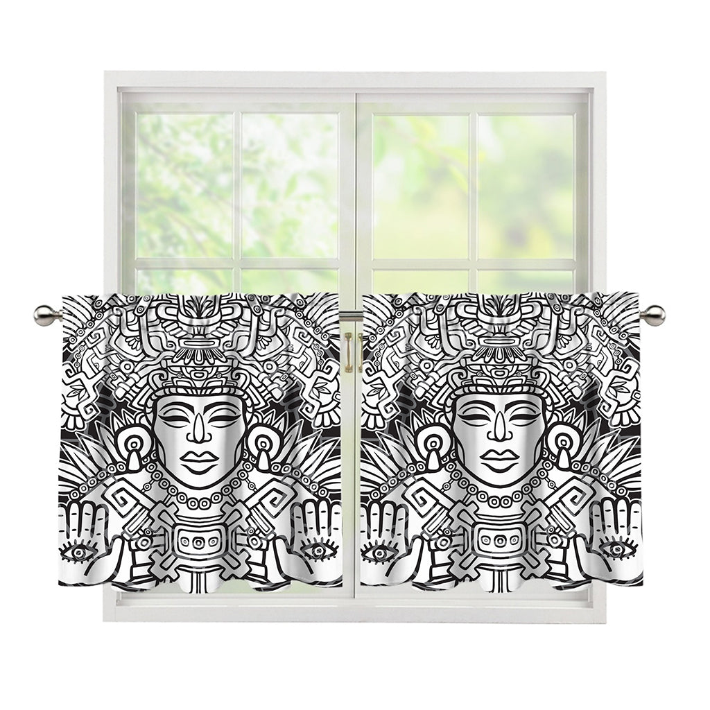 Blue And White Mayan Statue Print Tier Curtains