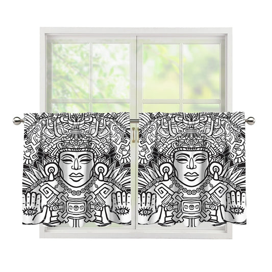 Blue And White Mayan Statue Print Tier Curtains