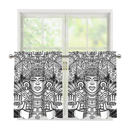 Blue And White Mayan Statue Print Tier Curtains