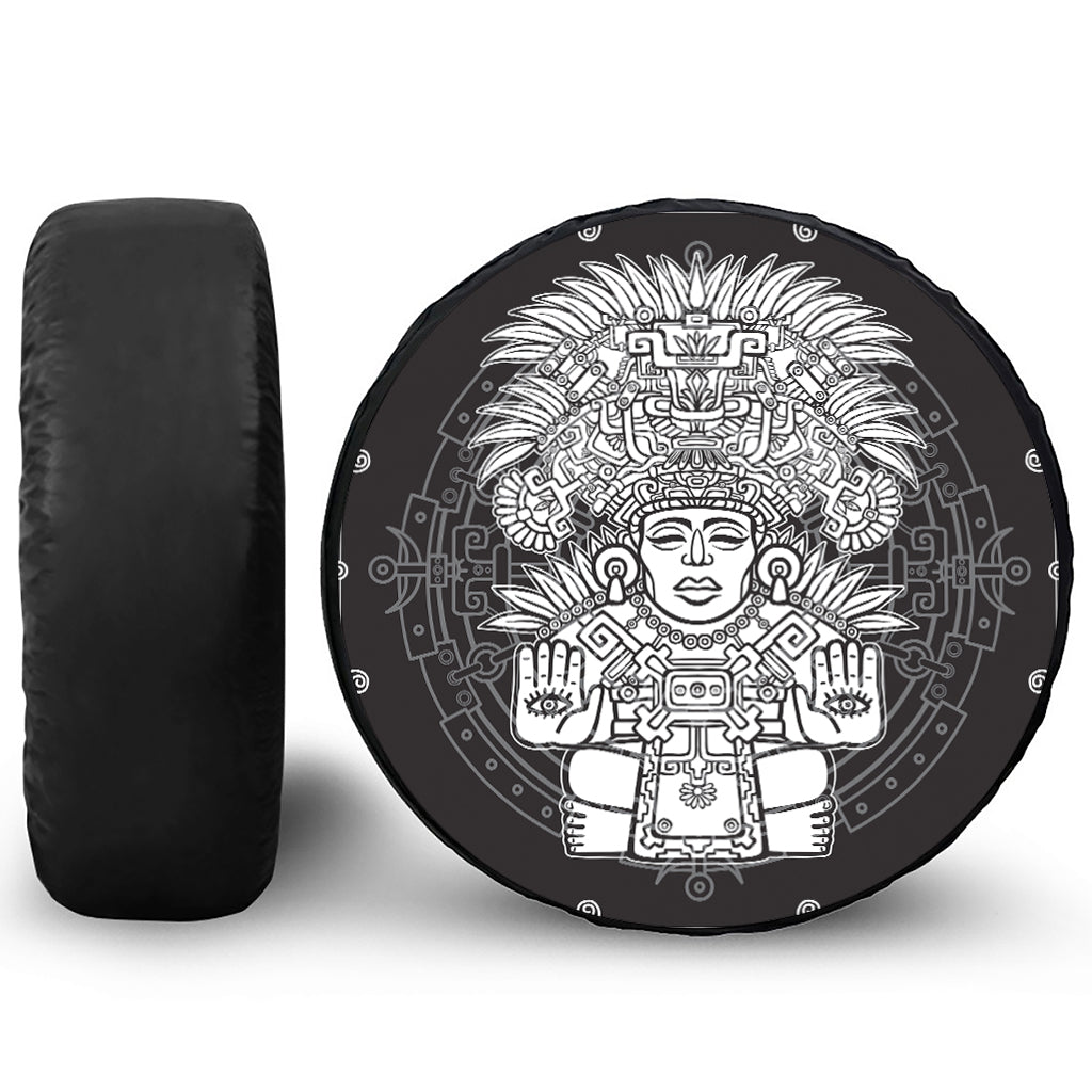 Blue And White Mayan Statue Print Tire Cover