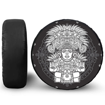 Blue And White Mayan Statue Print Tire Cover