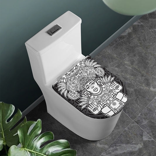 Blue And White Mayan Statue Print Toilet Lid Cover