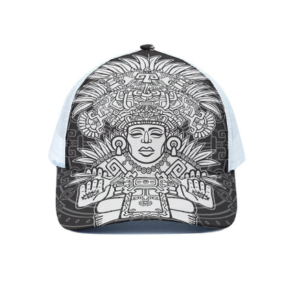 Blue And White Mayan Statue Print White Mesh Trucker Cap