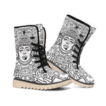 Blue And White Mayan Statue Print Winter Boots