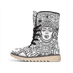 Blue And White Mayan Statue Print Winter Boots