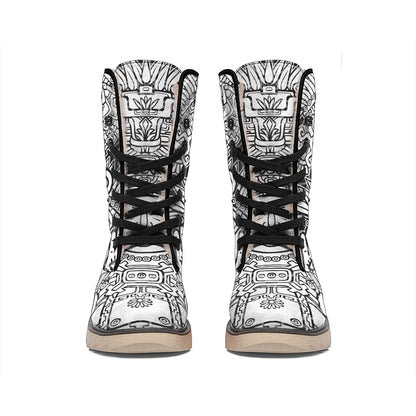 Blue And White Mayan Statue Print Winter Boots