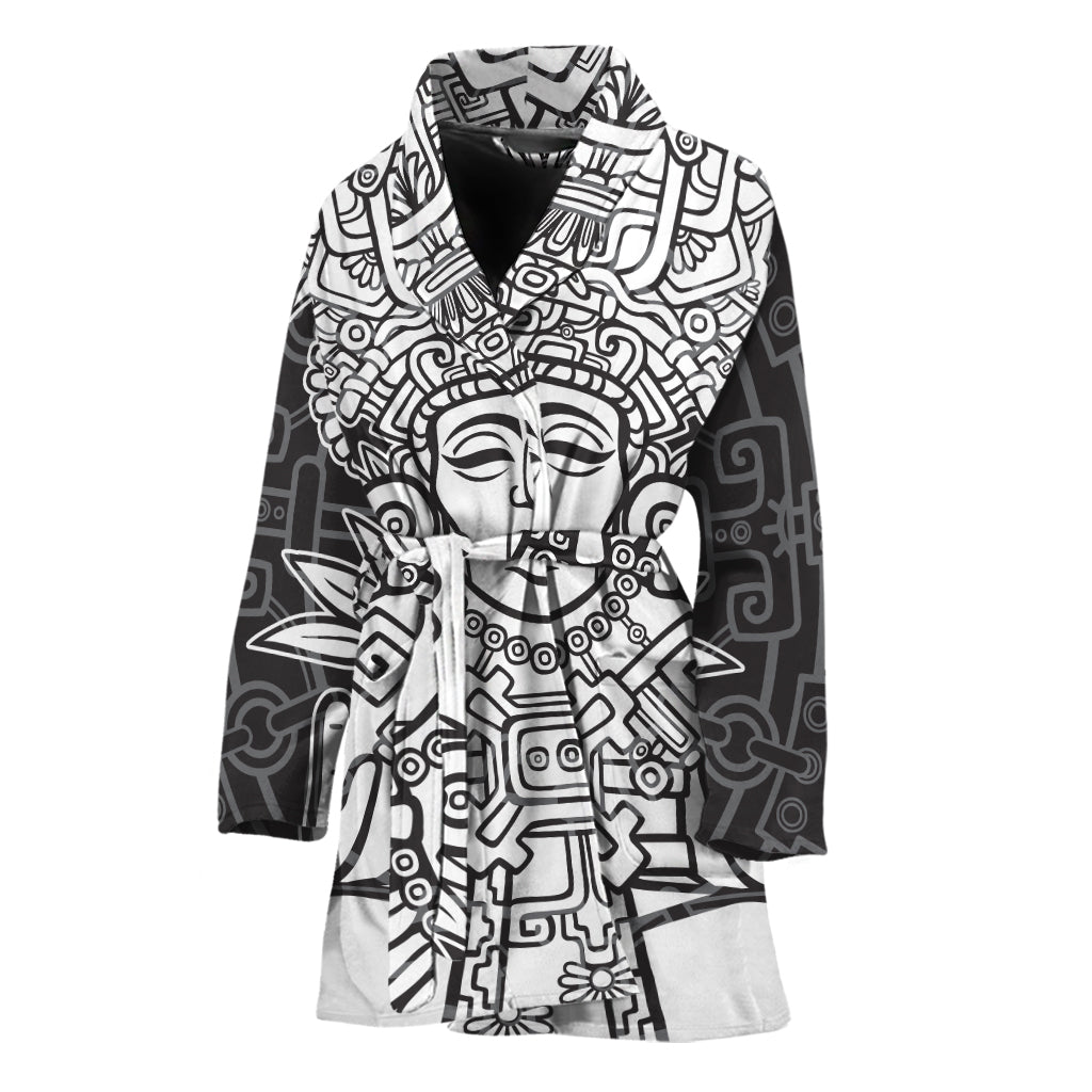 Blue And White Mayan Statue Print Women's Bathrobe