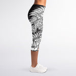 Blue And White Mayan Statue Print Women's Capri Leggings
