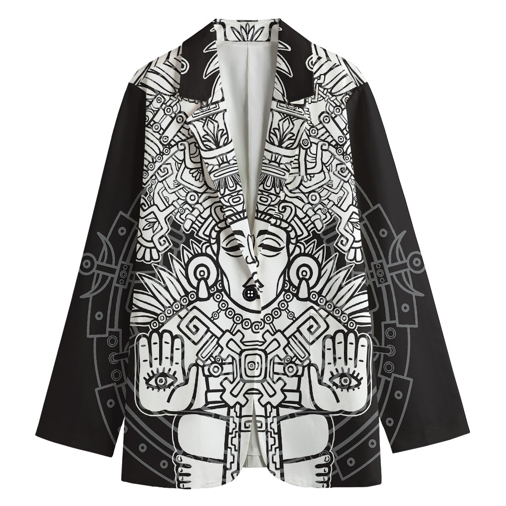 Blue And White Mayan Statue Print Women's Cotton Blazer