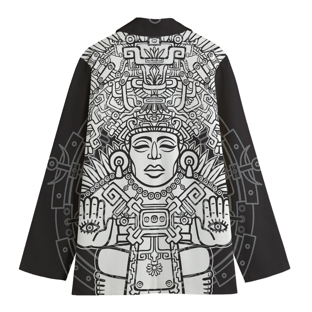 Blue And White Mayan Statue Print Women's Cotton Blazer