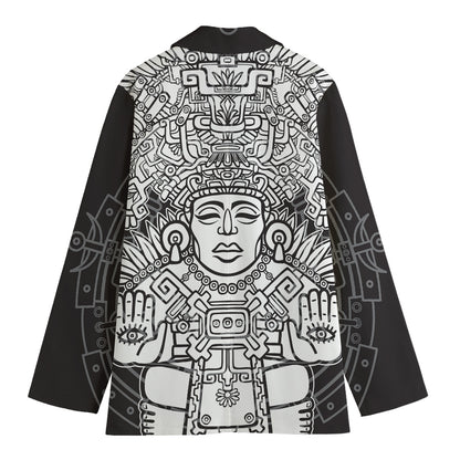 Blue And White Mayan Statue Print Women's Cotton Blazer
