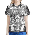 Blue And White Mayan Statue Print Women's Polo Shirt