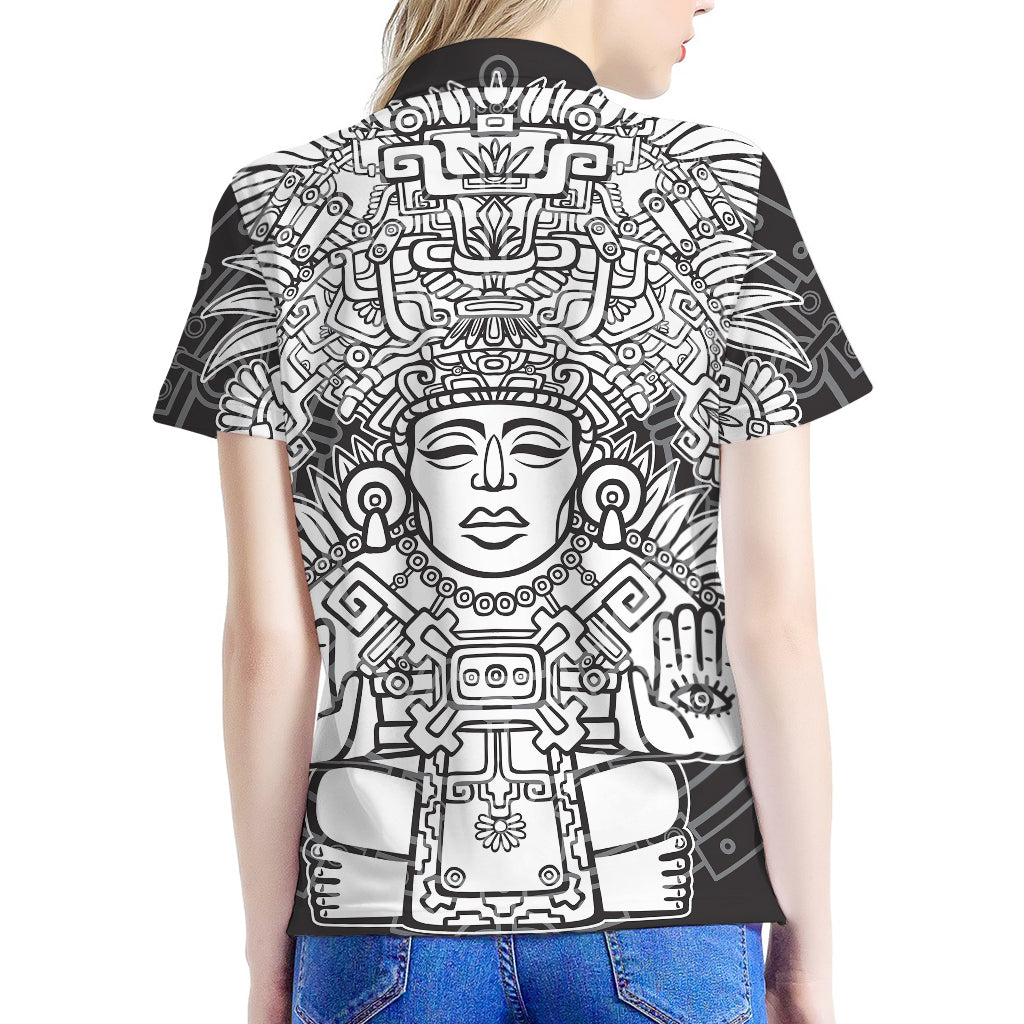 Blue And White Mayan Statue Print Women's Polo Shirt