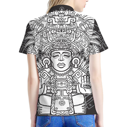 Blue And White Mayan Statue Print Women's Polo Shirt