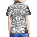 Blue And White Mayan Statue Print Women's Polo Shirt