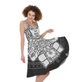 Blue And White Mayan Statue Print Sleeveless Knee Length Dress