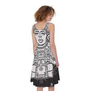 Blue And White Mayan Statue Print Women's Sleeveless Dress